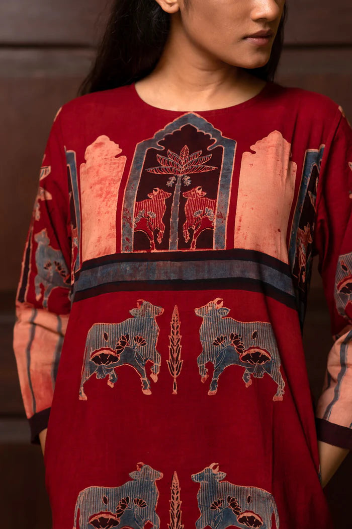 Maroon Pichwai Cow Motif Cotton Kurta