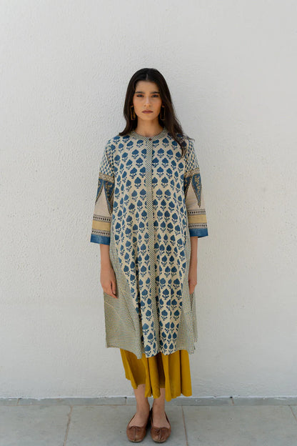 Beige & Indigo Floral Printed A-Line Cotton Kurta