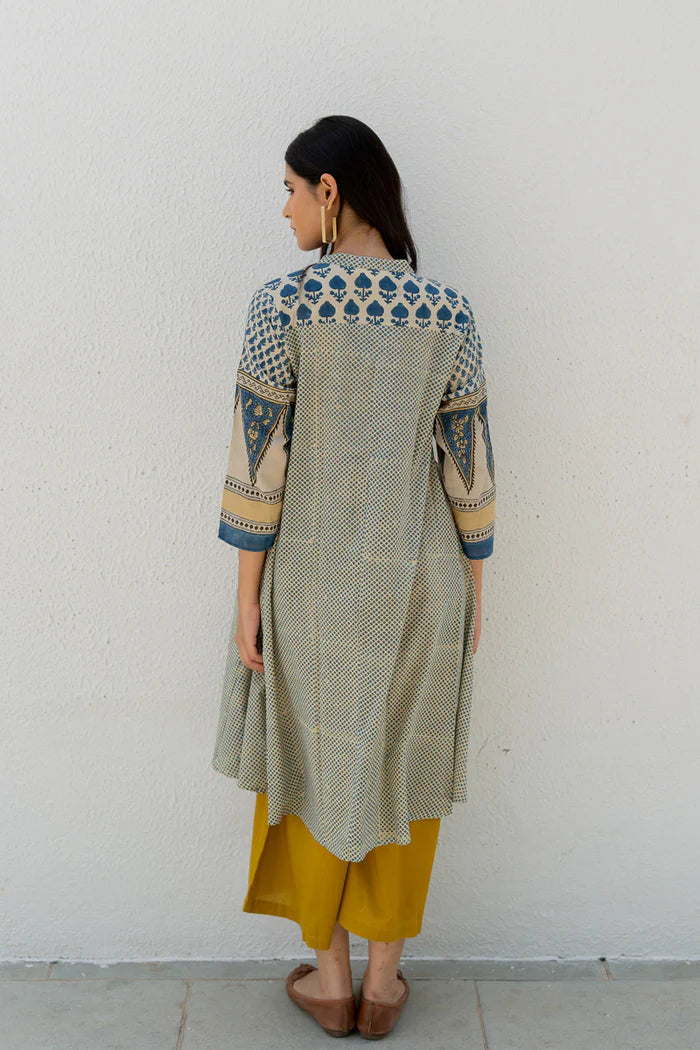 Beige & Indigo Floral Printed A-Line Cotton Kurta