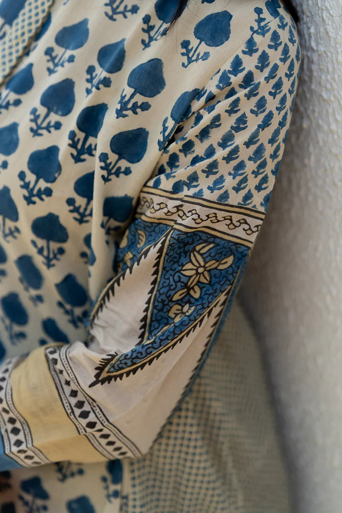 Beige & Indigo Floral Printed A-Line Cotton Kurta