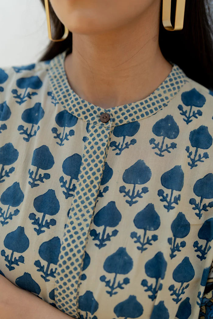 Beige & Indigo Floral Printed A-Line Cotton Kurta