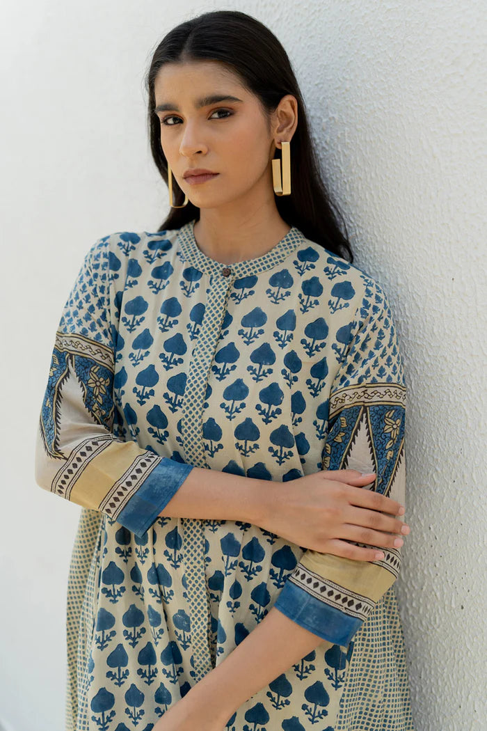 Beige & Indigo Floral Printed A-Line Cotton Kurta