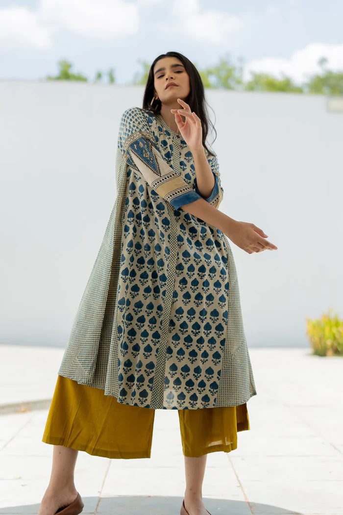 Beige & Indigo Floral Printed A-Line Cotton Kurta