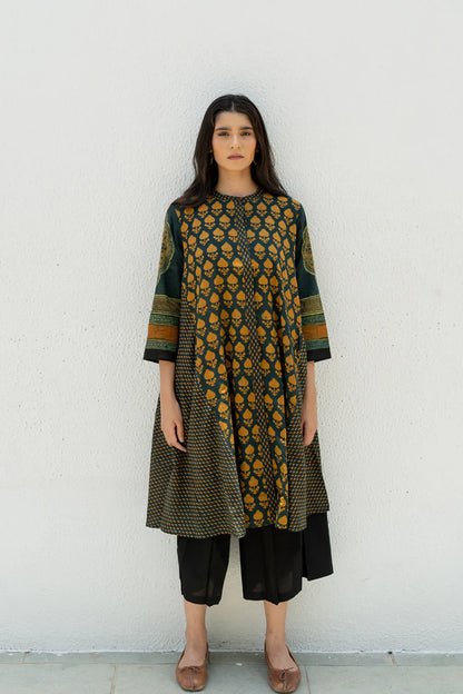 Green & Mustard Printed A-Line Cotton Kurta