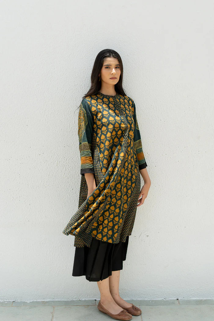 Green & Mustard Printed A-Line Cotton Kurta