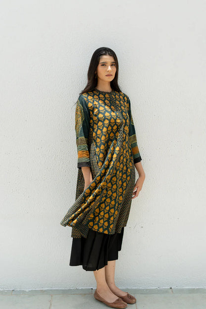 Green & Mustard Printed A-Line Cotton Kurta