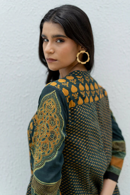 Green & Mustard Printed A-Line Cotton Kurta