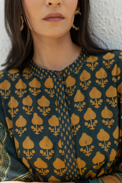 Green & Mustard Printed A-Line Cotton Kurta