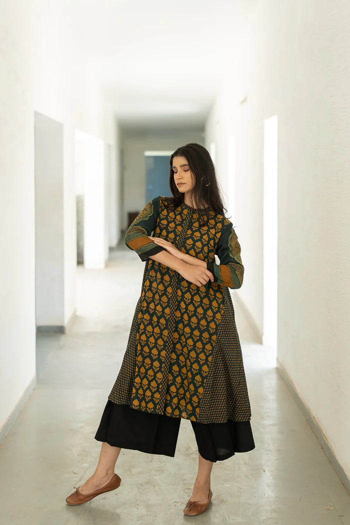 Green & Mustard Printed A-Line Cotton Kurta