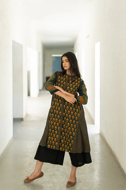 Green & Mustard Printed A-Line Cotton Kurta