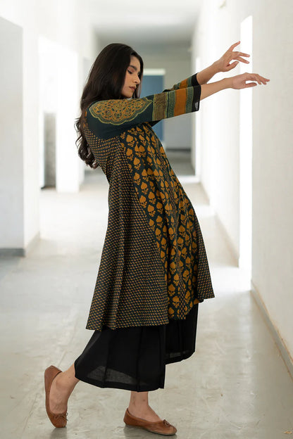 Green & Mustard Printed A-Line Cotton Kurta