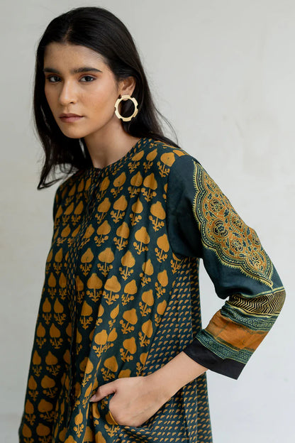 Green & Mustard Printed A-Line Cotton Kurta